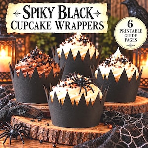 May include: Four cupcakes in black paper wrappers with jagged, spiky top edges. The cupcakes are topped with white or chocolate frosting, black sprinkles, and a plastic spider. Text reads: Spiky Black Cupcake Wrappers and 6 Printable Guide Pages.