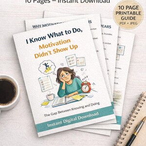 May include: A stack of printable mini guides titled "I Know What to Do, Motivation Didn't Show Up." The cover features an illustration of a person looking sad. The guide is 10 pages and available for instant download.