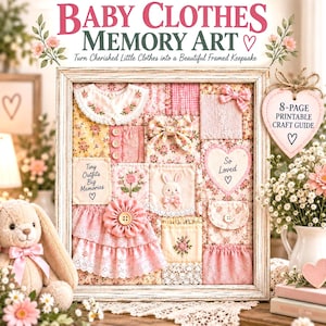 Könnte beinhalten: Ein quadratischer Holzrahmen mit einer Patchwork-Collage aus rosa und floraler Babykleidung, darunter ein Kragen, Schleifen, ein Hasenaufnäher und ein Herz mit dem Text So Loved. Ein herzförmiges Etikett trägt die Aufschrift 8-PAGE PRINTABLE CRAFT GUIDE.