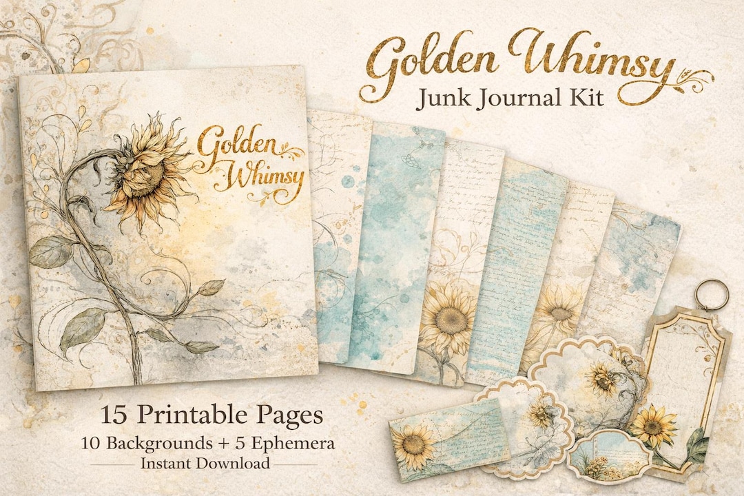 Junk Journal Kit - Golden Whimsy | Sunflower | Vintage Floral Ephemera ...