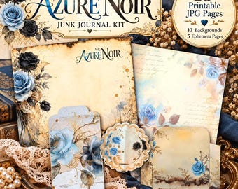 Junk Journal Kit Azure Noir, utskrivbara blåsvarta rosor, vintageblommiga journalsidor