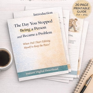 Puede incluir: Una pila de guías de reflexión imprimibles titulada "The Day You Stopped Being a Person". La portada presenta el título y la frase "and Became a Problem". También se ven una taza de café, un bolígrafo y un bloc de notas.