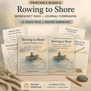 May include: A printable bundle titled "Rowing to Shore" with a worksheet pack and journal companion. The cover art features a person rowing a boat. The bundle includes 22 pages total and is available for instant download.