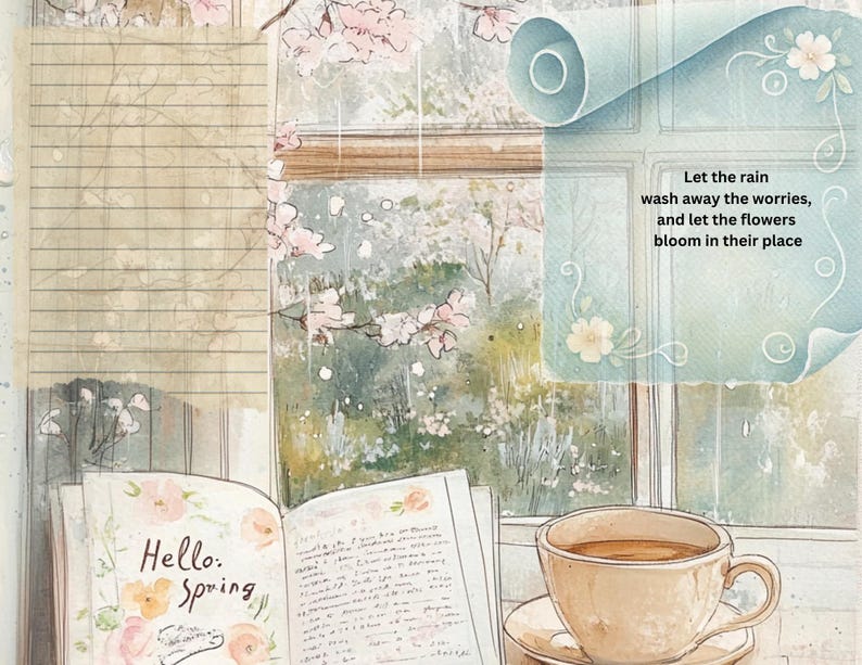 Spring Junk Journal Kit and Rain Paper Pack Bundle, 27 Printable Pages ...