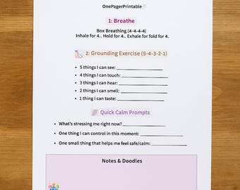 Puede incluir: Una hoja imprimible blanca con el texto "Quick Calm - Stress Relief" y indicaciones para el manejo del estrés, incluyendo ejercicios de respiración y técnicas de conexión a tierra. La hoja tiene un diseño floral rosa en la parte inferior.