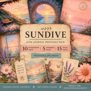 May include: A digital junk journal printable pack titled "SUNDIVE" with a vintage coastal aesthetic. The pack includes 10 background pages, 5 ephemera pages, and 15 total pages. Soft pastel colors and floral elements are featured.