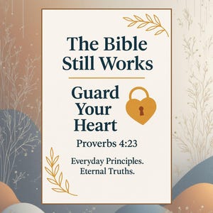 May include: A poster with the text "The Bible Still Works. Guard Your Heart. Proverbs 4:23. Everyday Principles. Eternal Truths." The design features a heart-shaped lock and floral accents in gold.