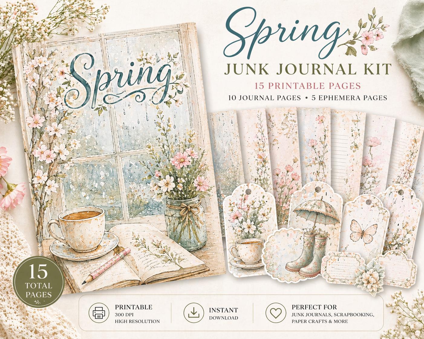 Spring Junk Journal Kit and Rain Paper Pack Bundle, 27 Printable Pages ...
