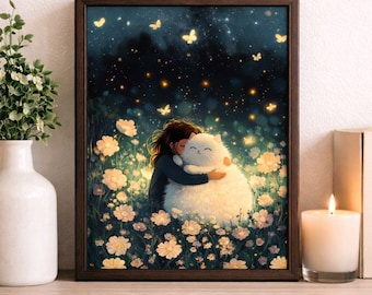 Grafika ścienna z kotem do druku pionowego 8x10 – Przytulna noc – Fantastyczny cyfrowy – Prezent dla miłośnika kotów
