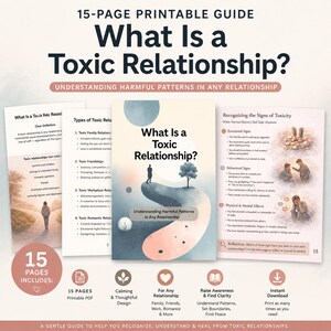 Puede incluir: Una guía imprimible de 15 páginas titulada "¿Qué es una relación tóxica?" con el subtítulo "Comprendiendo patrones dañinos en cualquier relación". La guía ayuda a reconocer la toxicidad y comprender los patrones de relación.