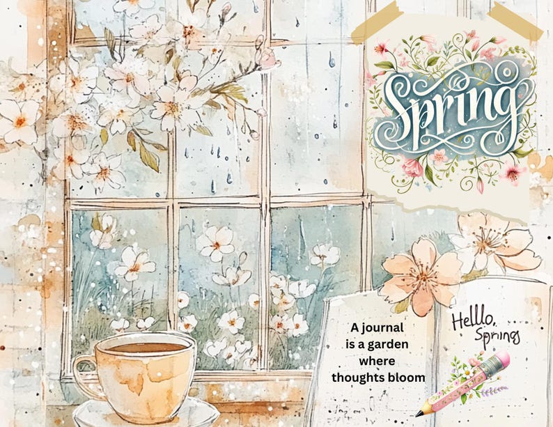 Spring Junk Journal Kit and Rain Paper Pack Bundle, 27 Printable Pages ...