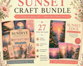 Solnedgångspysselpaket Utskrivbart skräpjournalkit och solnedgångspapperspaket, kustsidor, ephemerasidor, scrapbooksidor