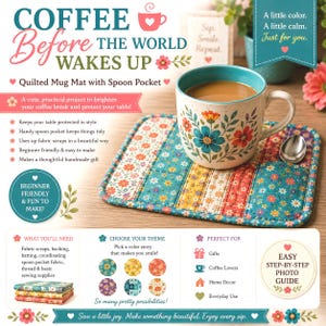 May include: A quilted mug mat with a spoon pocket featuring a floral pattern in teal, orange, and yellow. A ceramic mug with a matching floral design sits on the mat. The image includes text: COFFEE BEFORE THE WORLD WAKES UP, Quilted Mug Mat with Spoon Pocket, and instructions for a sewing project.
