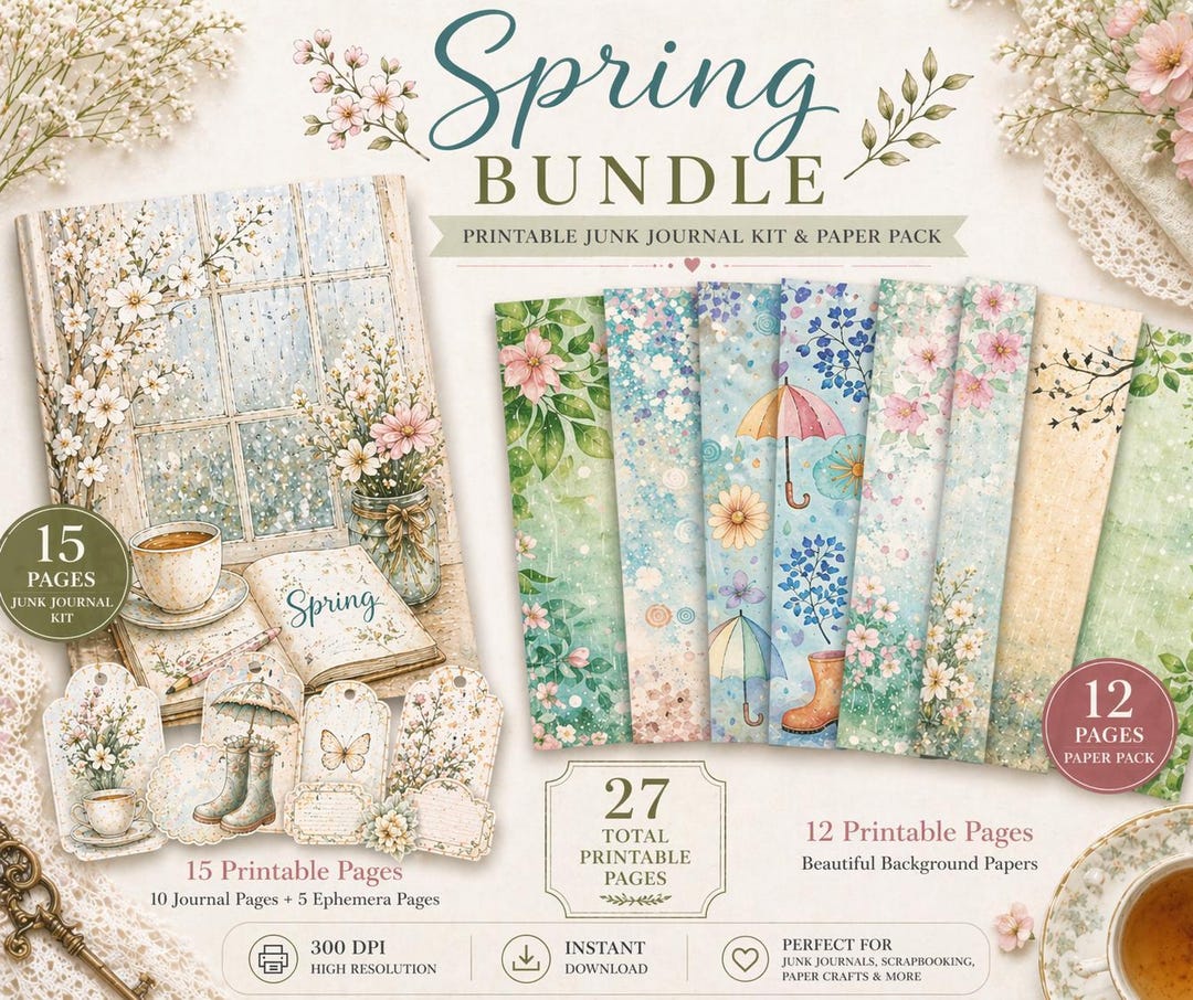 Spring Junk Journal Kit and Rain Paper Pack Bundle, 27 Printable Pages ...