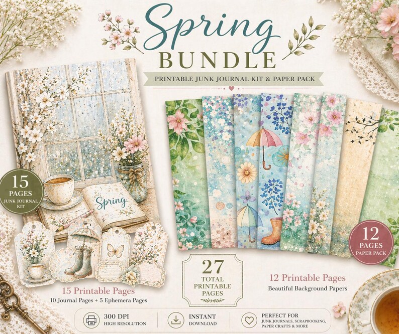 Spring Junk Journal Kit and Rain Paper Pack Bundle, 27 Printable Pages ...
