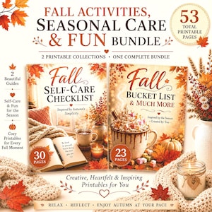 Könnte beinhalten: Ein digitales Paket mit 53 druckbaren Seiten, bestehend aus zwei Sammlungen: Fall Self-Care Checklist und Fall Bucket List & Much More. Die Grafiken zeigen Herbstblätter, ein offenes Buch, eine Tasse heiße Schokolade und Kerzen mit Text.