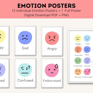Op de afbeelding: Een set van 12 printbare posters met verschillende emoties die worden weergegeven door cartoongezichten. De posters zijn ontworpen om kinderen te helpen emoties te leren kennen en te identificeren. De emoties omvatten blij, verdrietig, boos, bang, verward en verlegen. De posters zijn beschikbaar als digitale download in PDF- en PNG-formaat.