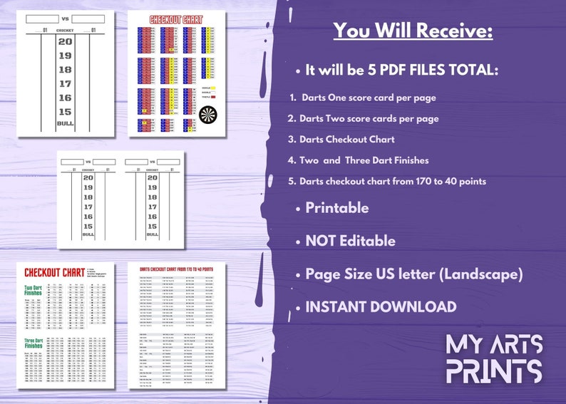 Darts Score Sheet Printable Darts Game Checkout Chart Dart Etsy UK