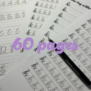 May include: A set of 60 pages for practicing cursive handwriting. The pages feature different letters of the alphabet, with lines for tracing and then practicing on your own. The pages are white with black ink.