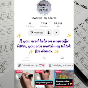 May include: A screenshot of a TikTok profile for a user named "writing_on_boards". The profile picture shows a white board with the words "Writing on Boards" written on it. The profile has 1.2 million followers and 54.3 million likes. The text on the profile says "If you need help on a specific letter, you can watch my TikTok for demos." There are three videos on the profile, one titled "Calendar set ups", one titled "Compatibility game", and one titled "Rate my yellow markers part 2!"