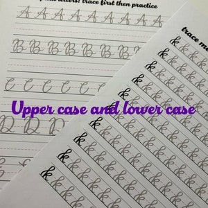 May include: A black and white worksheet with cursive handwriting practice for upper and lowercase letters. The worksheet has the words "Capital letters! trace first then practice" and "Upper case and lower case" printed on it. The letters "A", "B", "C", "D", and "k" are shown in cursive.