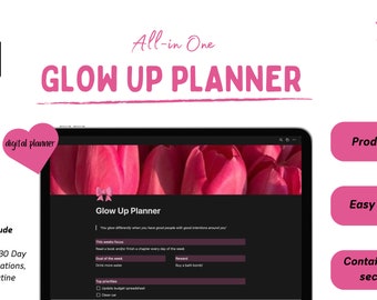 Notion Template All in One Glow up Planner, Wellness Tracker Notion, Self Care Planner, Digital Health Journal, Pink Aesthetic