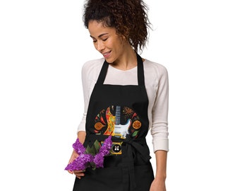 Organic cotton chef's apron  | Two Bald Guys guitar logo