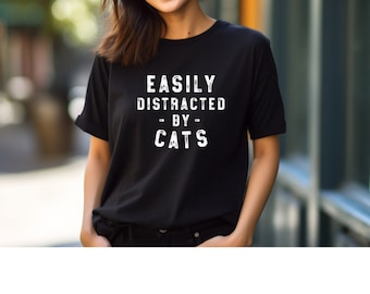 Łatwo rozpraszający się przez koty T-shirt, zniszczona koszulka z kotem, koszulka z kotem damska, zabawna koszulka z kotem, koszulka z prezentem dla mamy kota, mamy kota, taty kota, miłośnika kotów