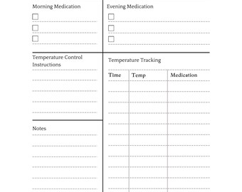 Könnte beinhalten: Ein druckbares Krankheits-Tracking-Logbuch mit Abschnitten für Medikamente morgens und abends, Anweisungen zur Temperaturkontrolle, Temperaturverfolgung mit Spalten für Zeit und Temperatur sowie Notizen zu Medikamenten.