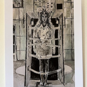 May include: A black and white painting of a woman in a cage. The woman is wearing a white dress and has a crown on her head. The cage is made of metal bars and is surrounded by a gray background.