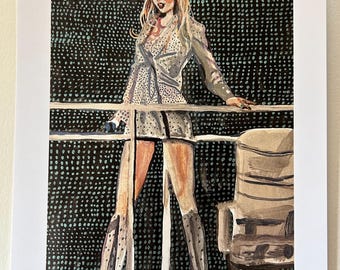 May include: A watercolor painting of a person wearing a white polka dot blazer and black boots standing on a stage with a black background. The background is covered in small blue and green dots.