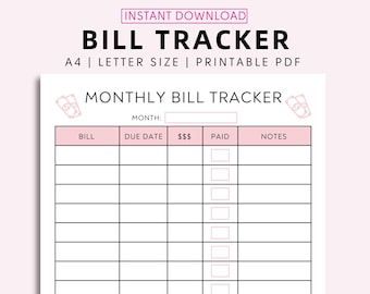 Bill Tracker, Monthly Bill Payment Tracker Printable Planner Bill Payment Checklist Bill Planner Monthly Bill Log Expense Tracker A4, Letter