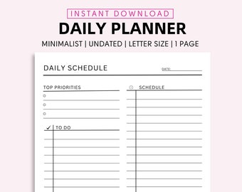 Daily Planner Printable, Minimalist Planner Template, To do list, Daily Schedule, Instant Download Digital Planner, Academic Planner Inserts