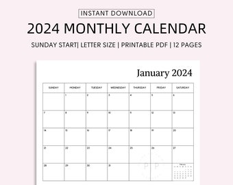 2024 Black and White Monthly Calendar, Printable Calendar Sunday Start, 2024 Monthly Planner Landscape, Calendar 2024 Print at Home PDF, A4