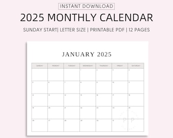 2025 Calendar Printable Digital Calendar, Monthly Content Calander, Planner, Desk Calendar, Birthday Calendar, 2025 Digital Download Planner