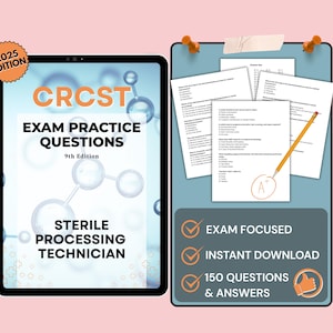 Könnte beinhalten: Das Bild zeigt ein Tablet und eine Pinnwand mit Prüfungsmaterialien. Das Tablet zeigt "CRST Exam Practice Questions" für Sterilisationsfachkräfte. Die Pinnwand enthält Prüfungsunterlagen, einen Bleistift und den Text "Exam Focused, Instant Download, 150 Questions & Answers."