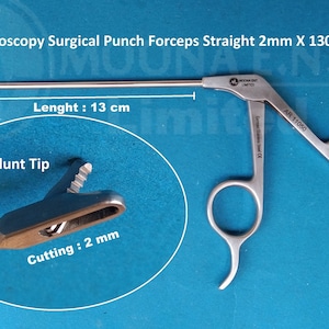 May include: A surgical arthroscopy punch forceps with a straight design and a blunt tip. The forceps is 13 cm long and has a cutting width of 2 mm. The image also shows the text "AR 11050".