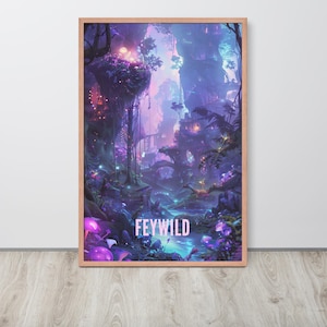 Op de afbeelding: Een digitale illustratie van een fantastisch bos met gloeiende paarse en blauwe lichten, een rivier en de tekst "FEYWILD".