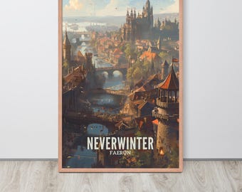 May include: A vintage-style poster featuring an illustration of Neverwinter, a city in the Forgotten Realms setting. The poster has a brown wooden frame and features a cityscape with buildings, bridges, and a river.