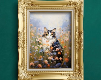 Rolled Posters, Cat Art Print, Calico Cat Poster, Floral Painting, Wall Decor, Home Decor