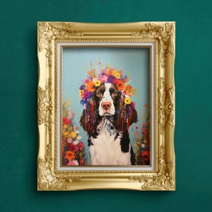 Colorful Fine-Art Painting of English Springer Spaniel Dog Wearing a Flower Garland, Cut Dog Art | Print