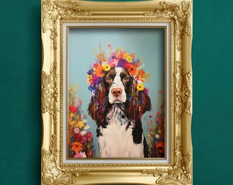 Fine-Art English Springer Spaniel Dog Rolled Poster, Colorful Wall Art for Dog Lovers, Flower Garland Painting Print, Home Decor, Gift Idea,