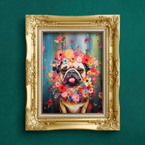 Colorful Fine-Art Painting of Pug Dog Wearing a Flower Garland, pug is painting, pug painting for wall, pug art for nursery, pug painting for sale