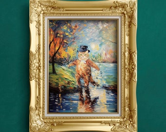 Fine Art Painting of Victorian Fat Orange Cat Wearing a Top Hat and Bowtie, Scenic Stroll | Print