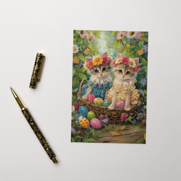 Easter Card | Colorful Painting of Cute Tabby Kittens Wearing Flower Crowns, Easter gift, Springtime, Easter eggs, Easter Basket