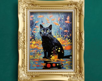 Colorful Fine Art Painting of Black Cat Surprised by Flying Fish, Surrealist Matisse Style, Monet Painting | Print