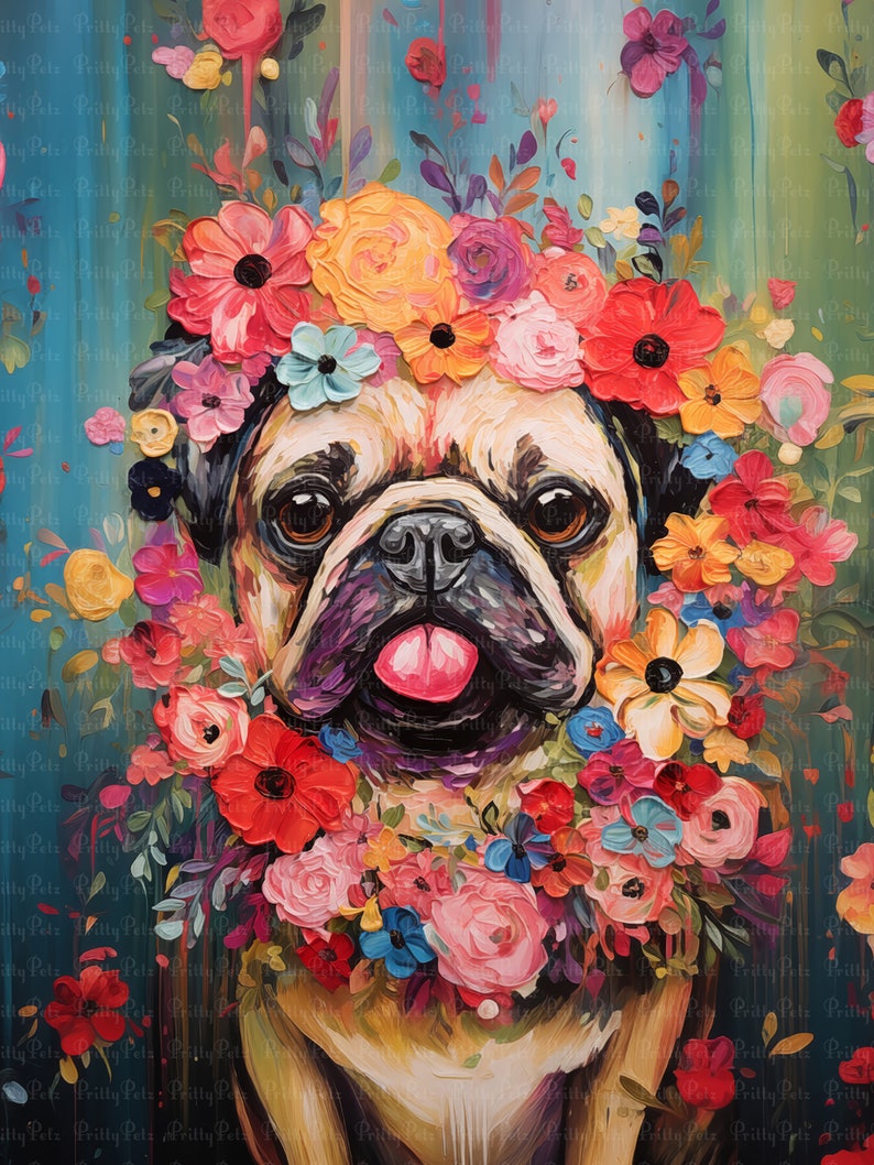 Op de afbeelding: Een mopshond die een kleurrijke bloemenkrans en een bloemenketting draagt. De hond heeft een roze tong die uitsteekt en kijkt recht naar de kijker. De achtergrond is een blauw en groen abstract schilderij.