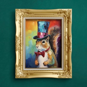 May include: A painting of a squirrel wearing a colourful top hat and a red bow tie. The squirrel is painted in a realistic style with a bright, colourful background.