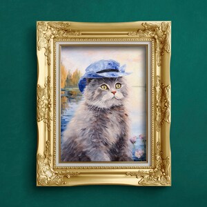 Fine Art Painting of Victorian Fluffy Grey Cat Wearing a Blue Cap by a Flowering Pond | Print