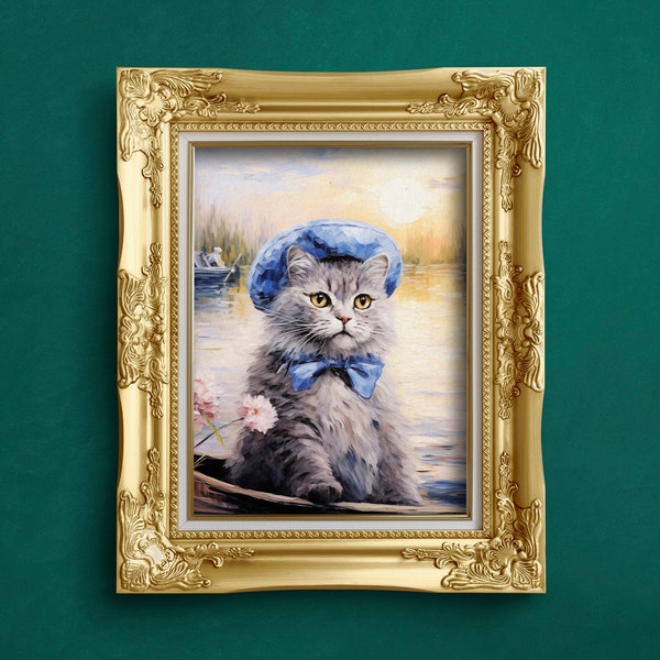 Fine Art Painting of Victorian Fluffy Grey Cat Wearing a Blue Bonnet with Bow in a Row Boat on a River, Flowers, Sun | Print